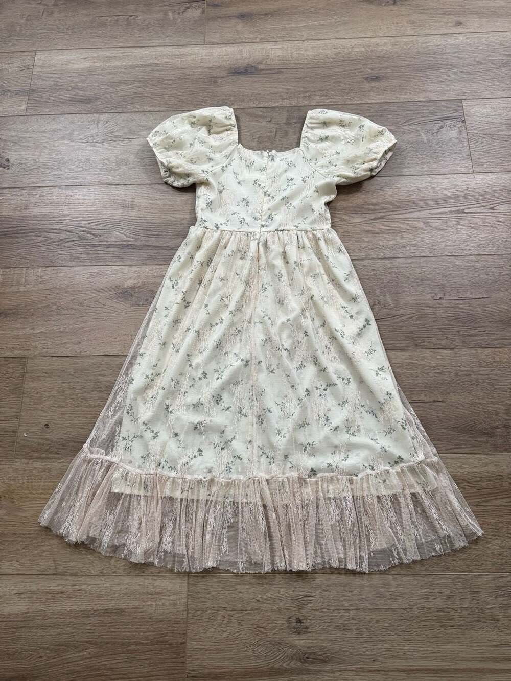 HELLO SS Floral Lace Overlay Puff Sleeve Midi Dress Size M Cottagecore - Picture 11 of 12